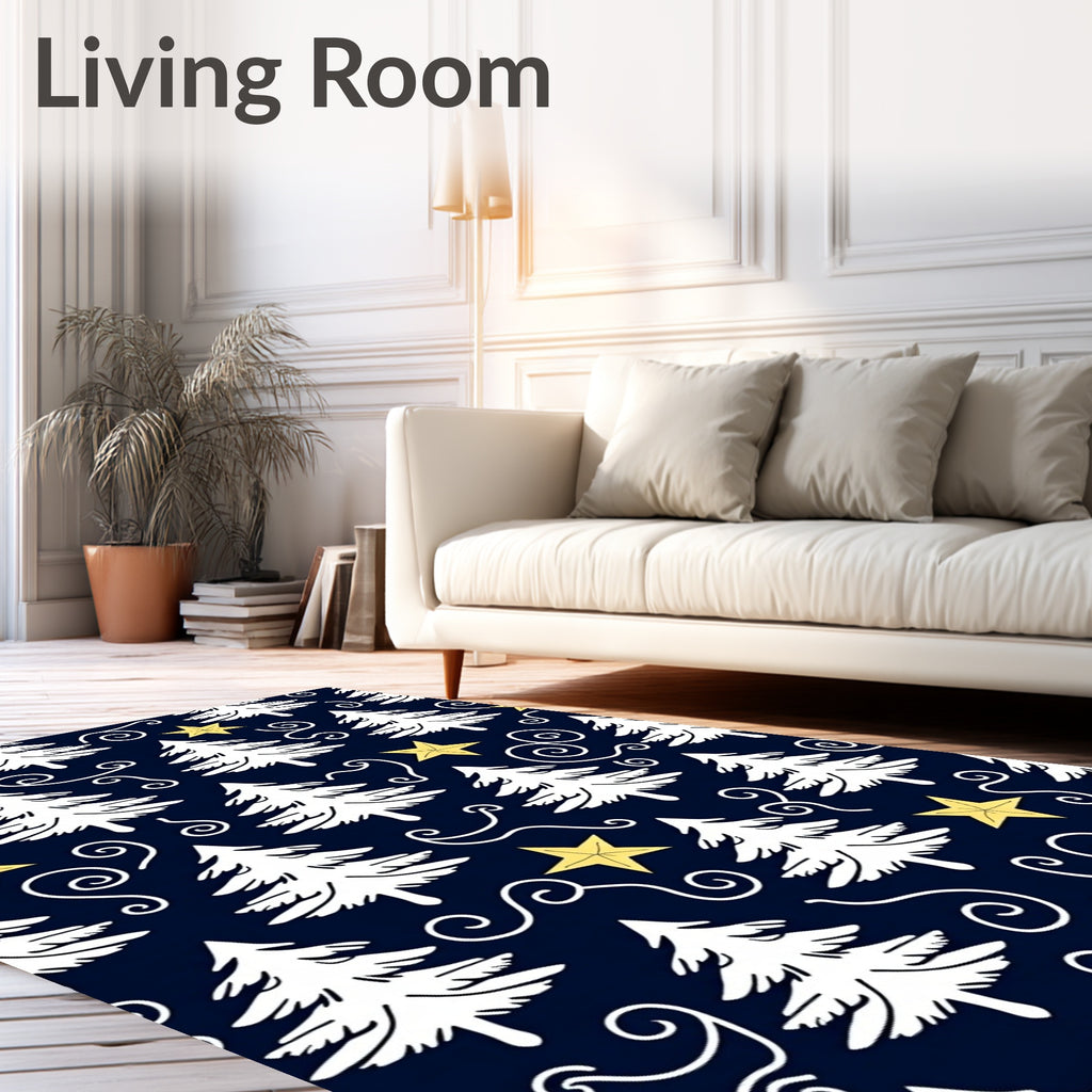 White Pine Trees Yellow Stars Navy Rug