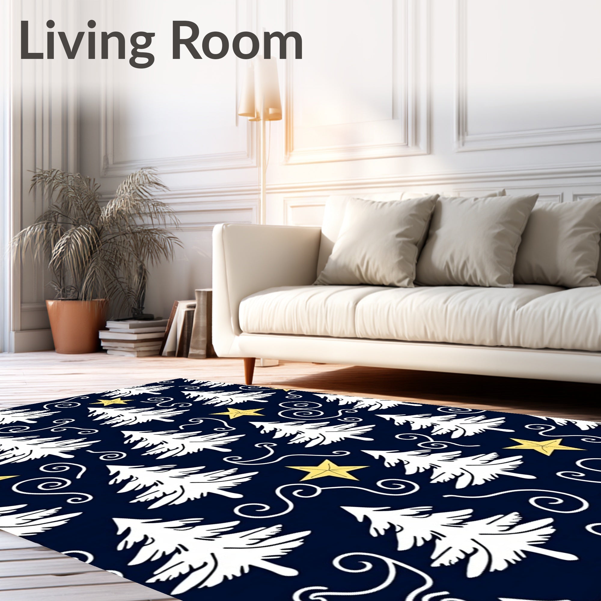 White Pine Trees Yellow Stars Navy Rug