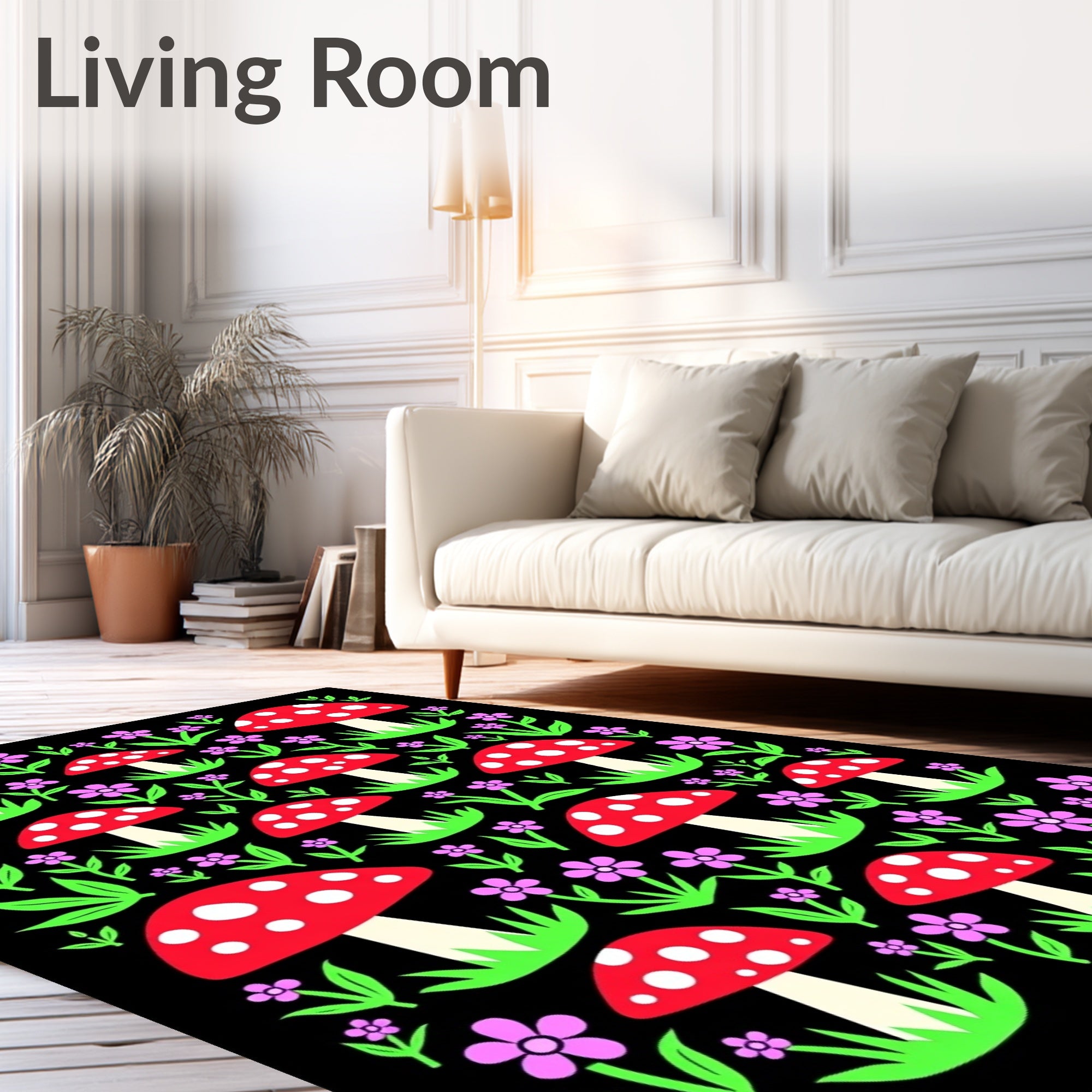 Whimsical Red Mushroom Floral Garden Rug