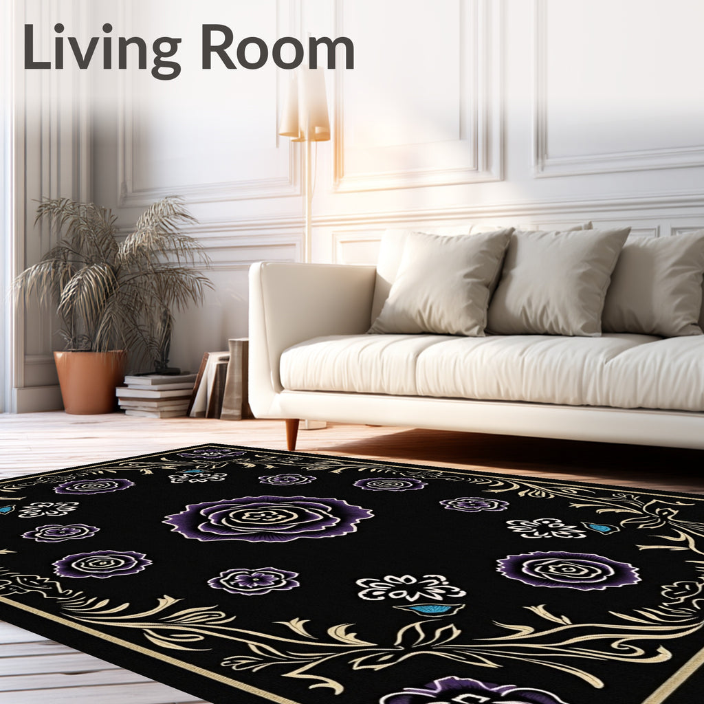 Dark Purple Floral Garden Cream Border Rug