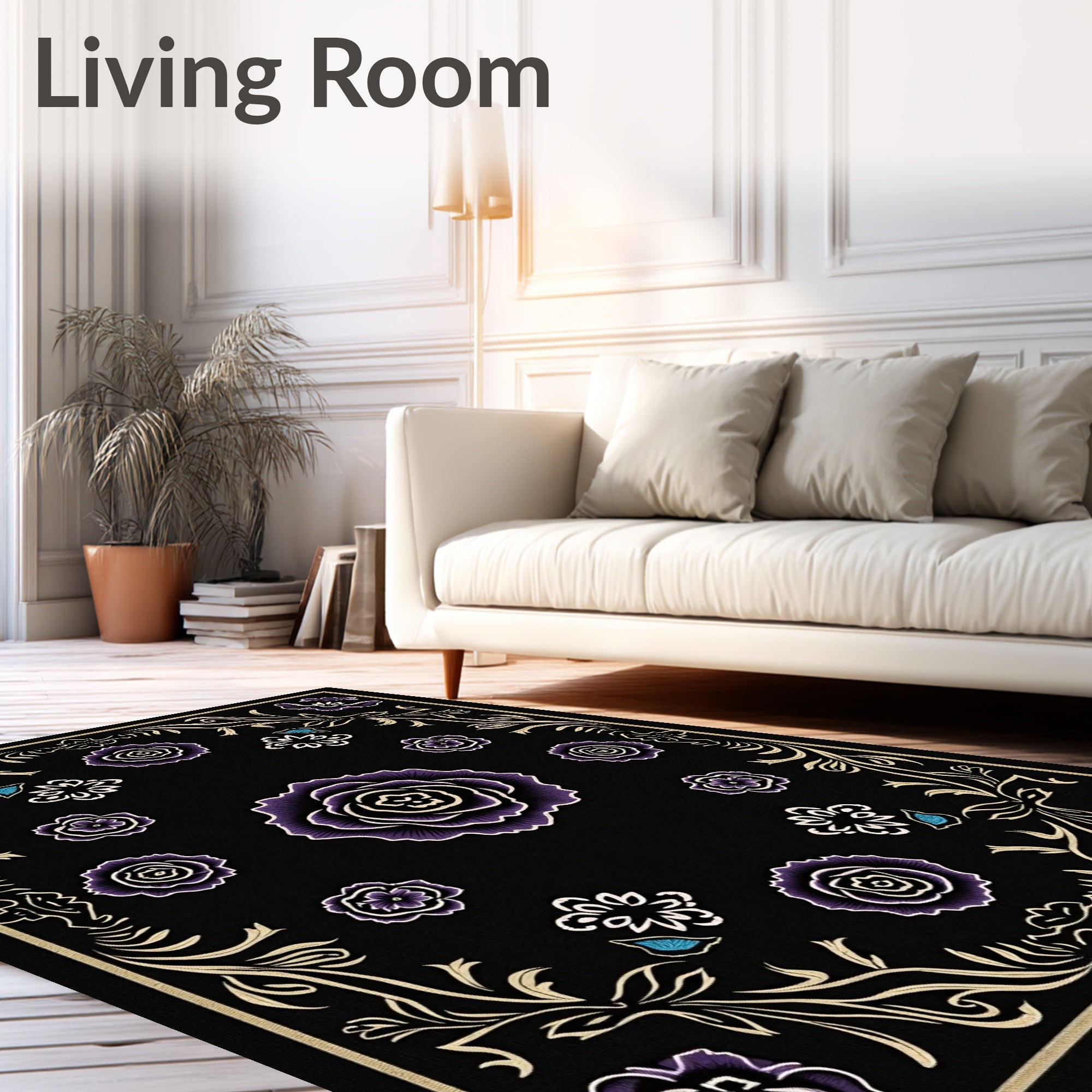 Dark Purple Floral Garden Cream Border Rug