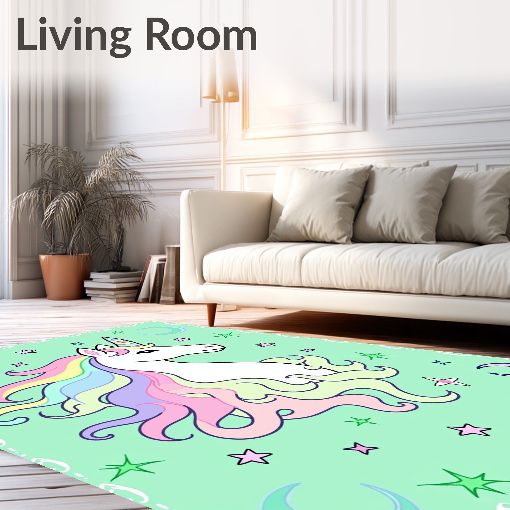 Pastel Unicorn Stars Crescents Green Rug