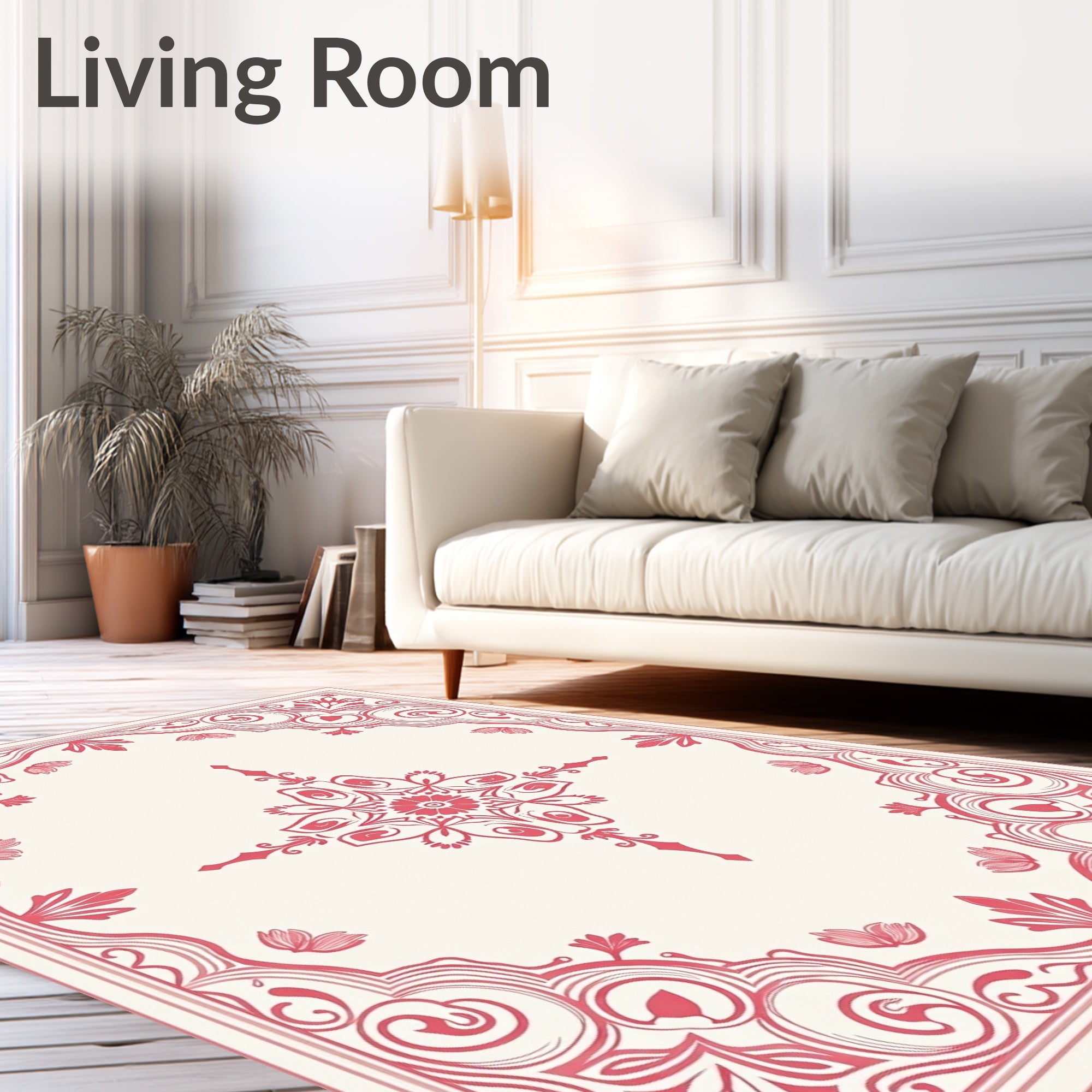 Coral Red Floral Scroll Medallion Rug