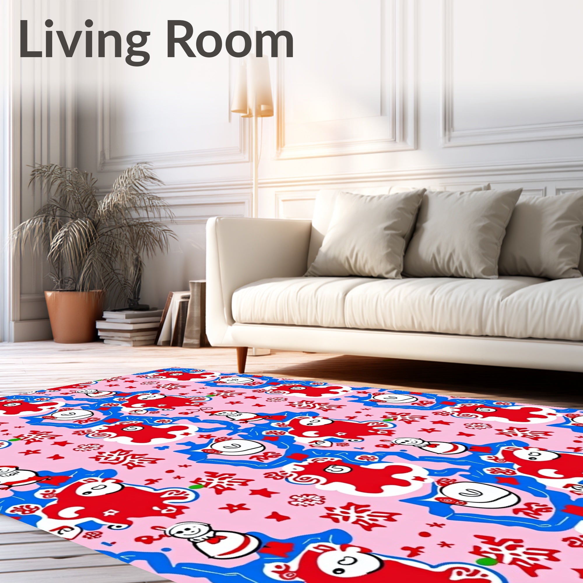 Whimsical Red Snowman Blue Snowflake Rug