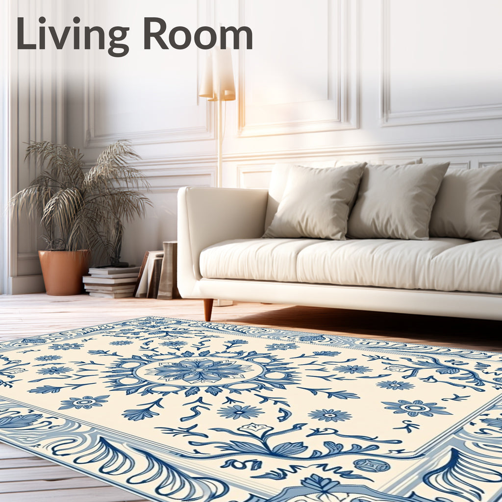Blue Cream Floral Scroll Medallion Rug