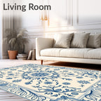 Blue Cream Floral Scroll Medallion Rug