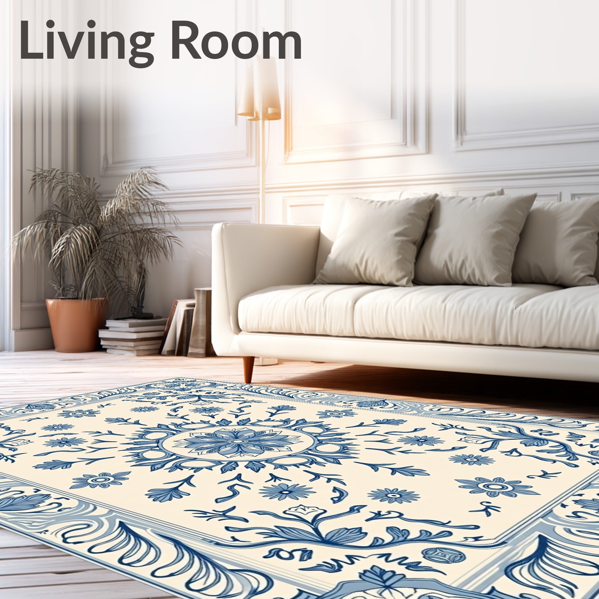 Blue Cream Floral Scroll Medallion Rug
