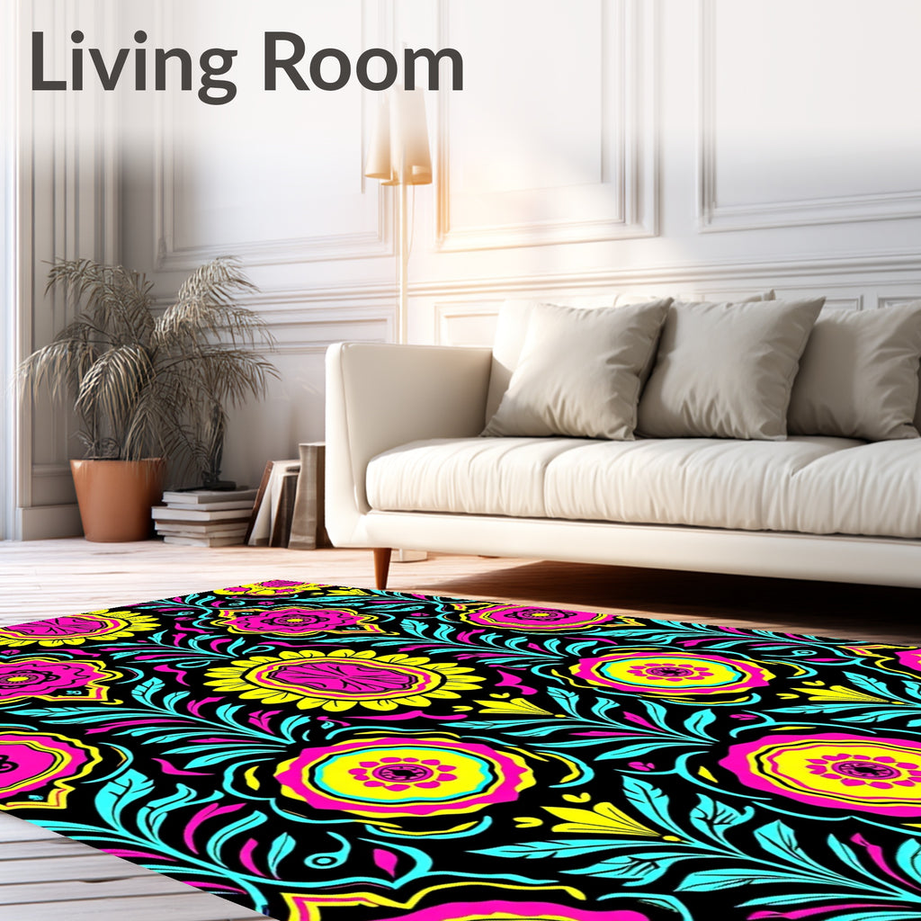 Vibrant Pink Yellow Black Floral Swirls Rug