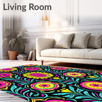 Vibrant Pink Yellow Black Floral Swirls Rug