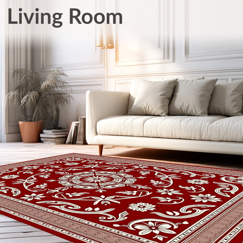 Deep Red Ivory Ornate Botanical Tapestry Rug