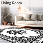 Black and White Stylized Sun Medallion Border Rug