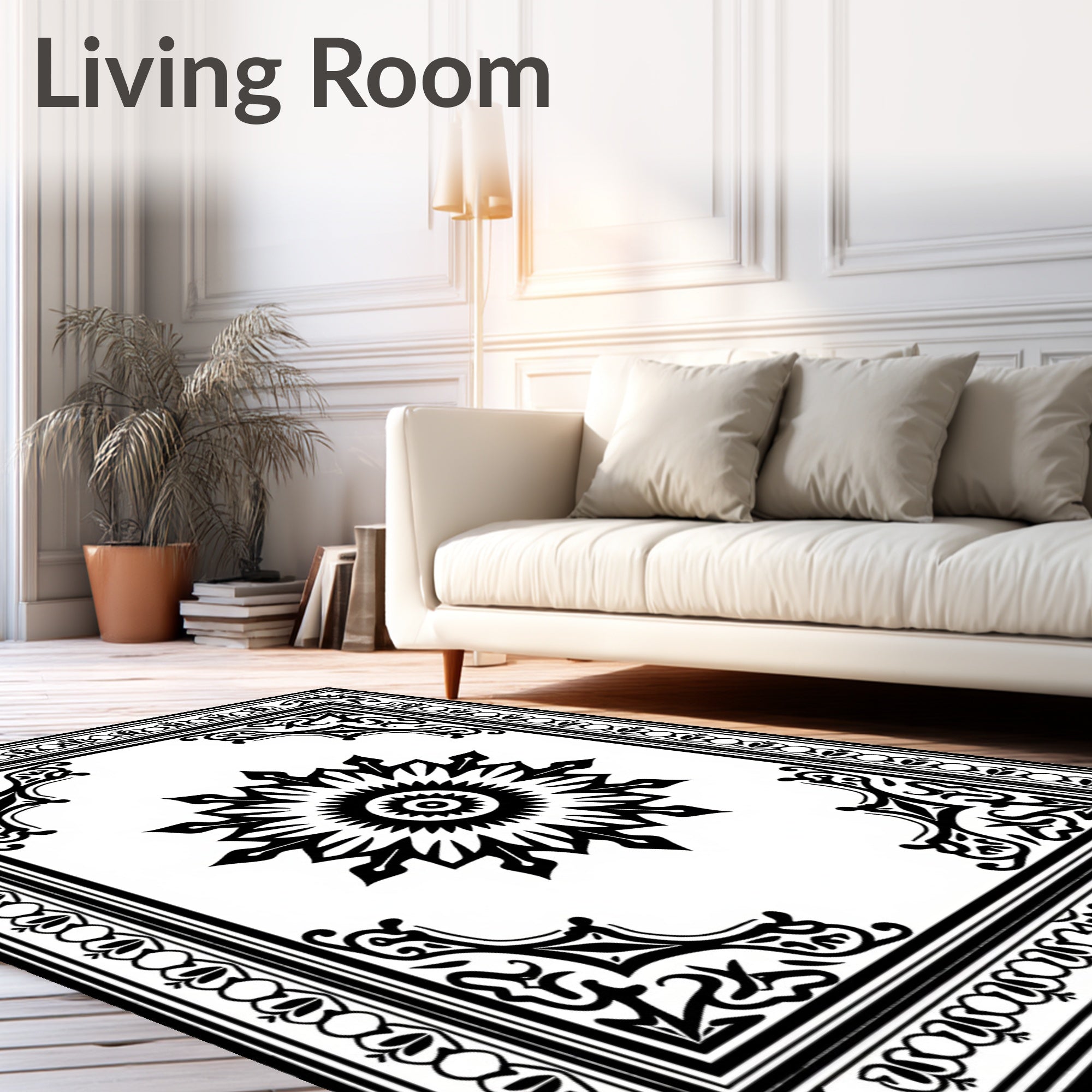 Black and White Stylized Sun Medallion Border Rug