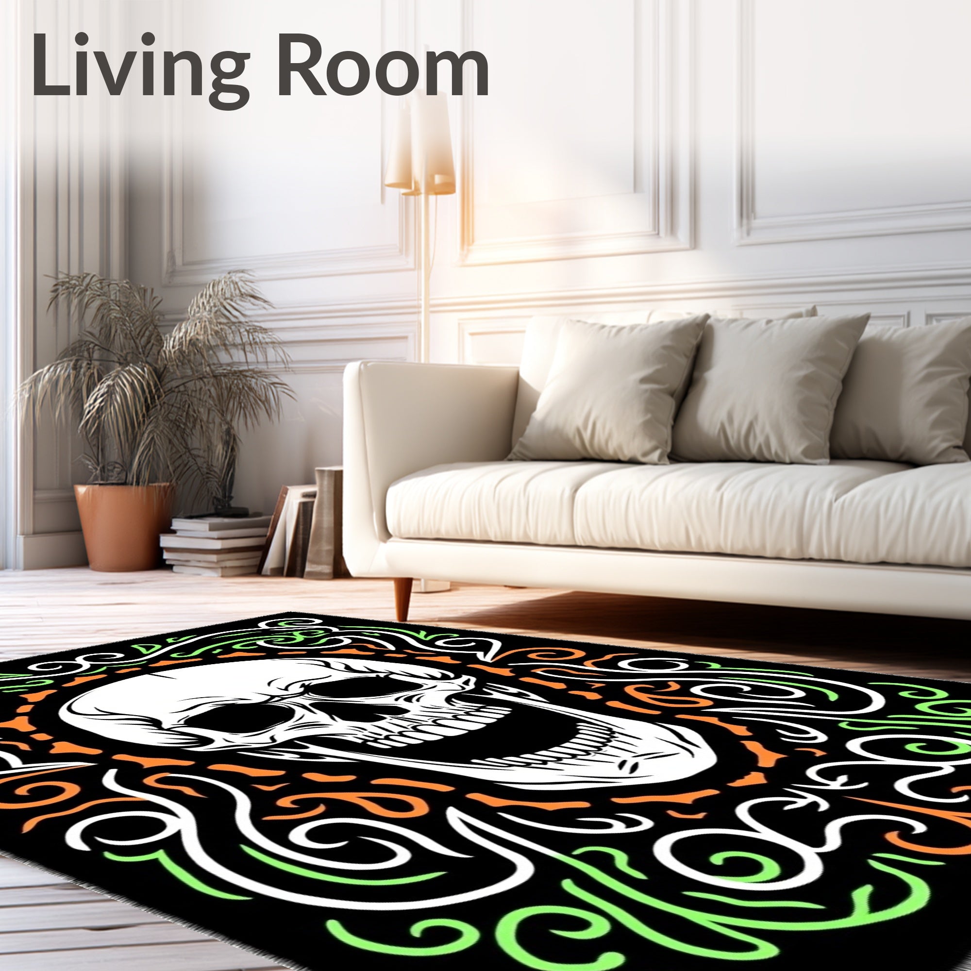 Grotesque White Skull Floral Border Rug