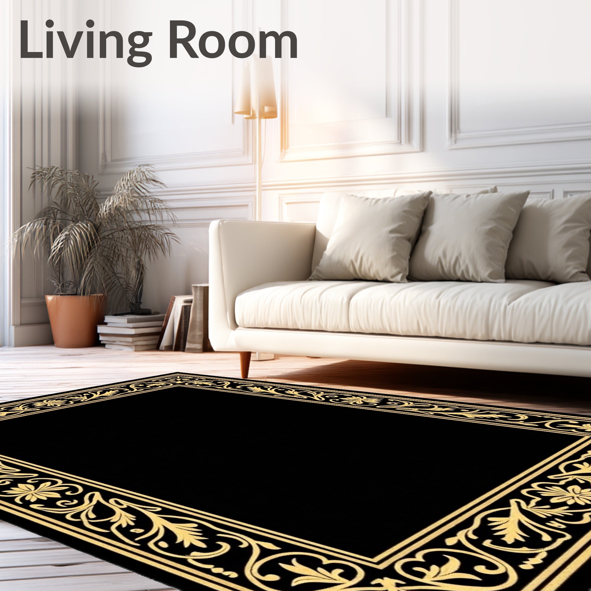 Golden Illuminated Floral Scroll Work Rug