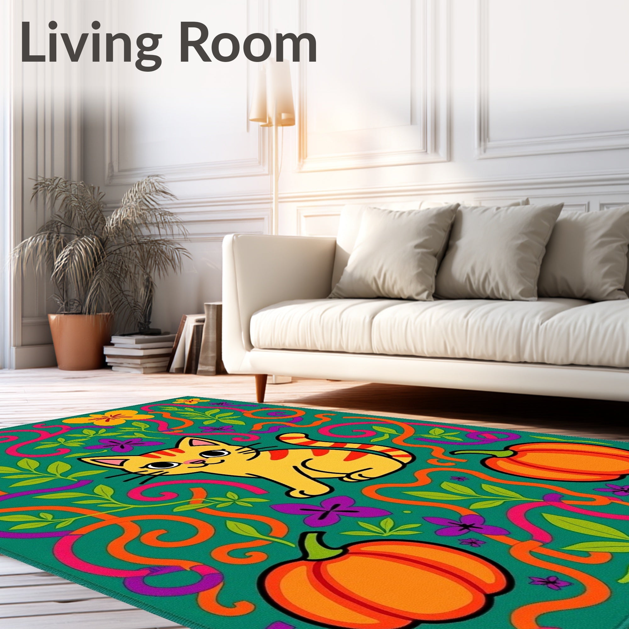 Whimsical Orange Pumpkin Cat Garden Rug