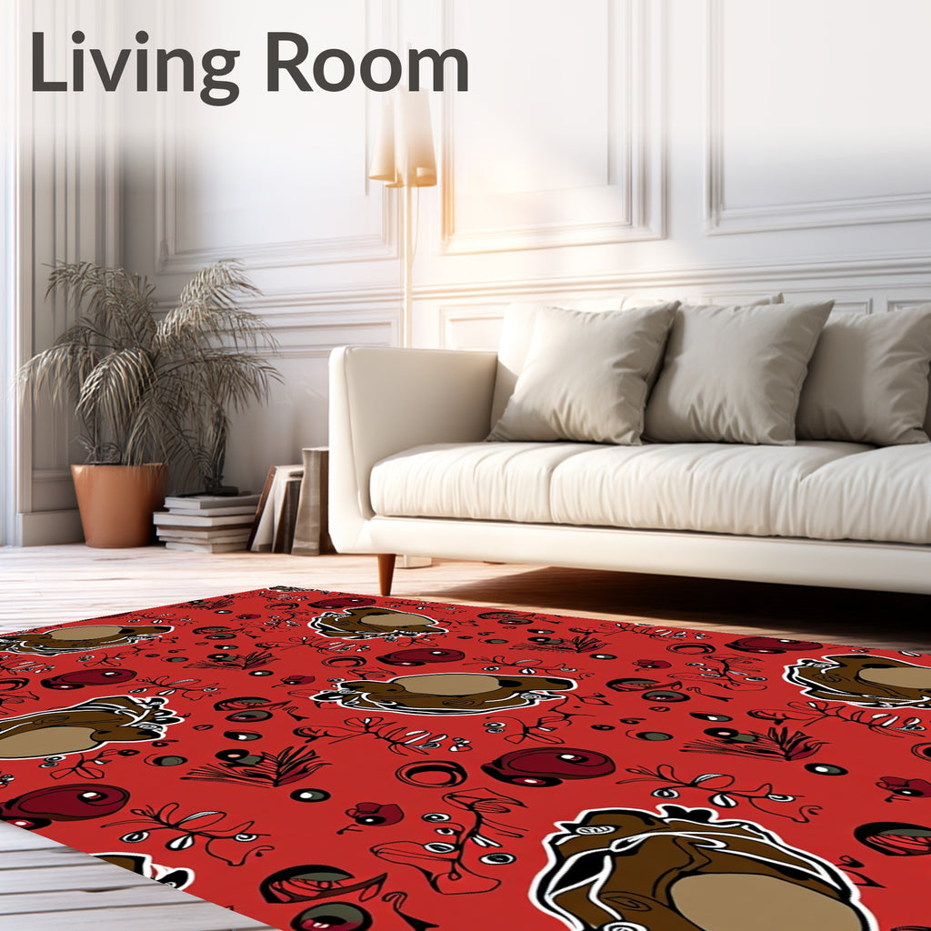 Red Brown Bear Whimsical Botanical Art Rug