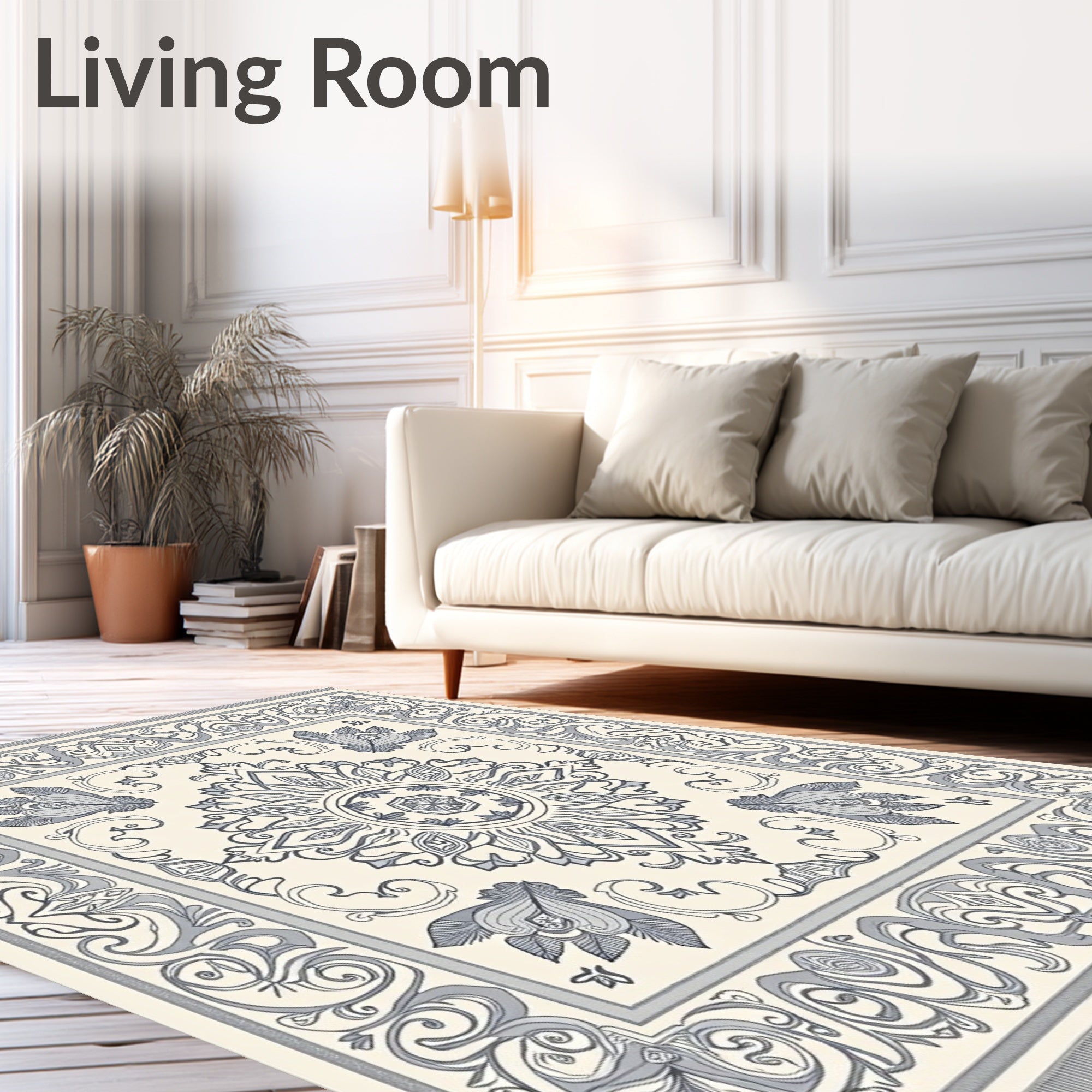 Cream and Slate Mandala Floral Border Rug