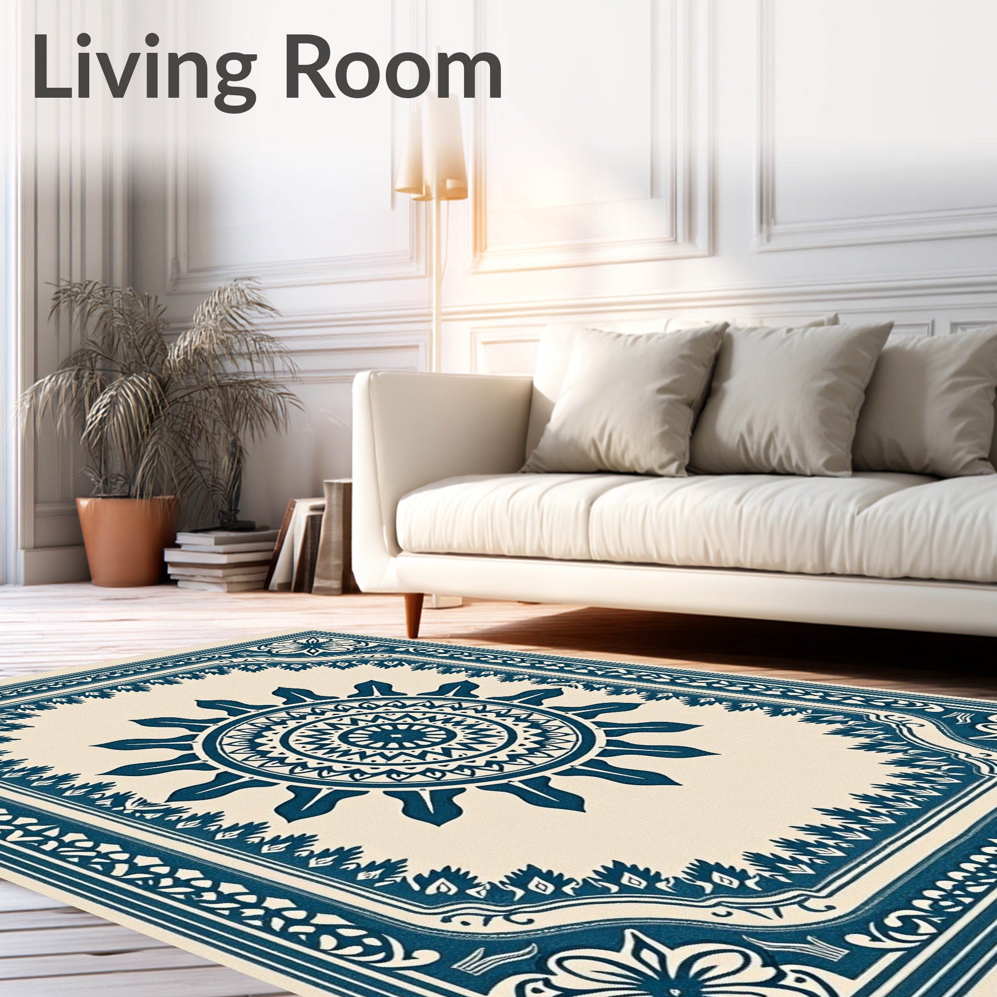 Deep Blue Sunburst Mandala Frame Rug