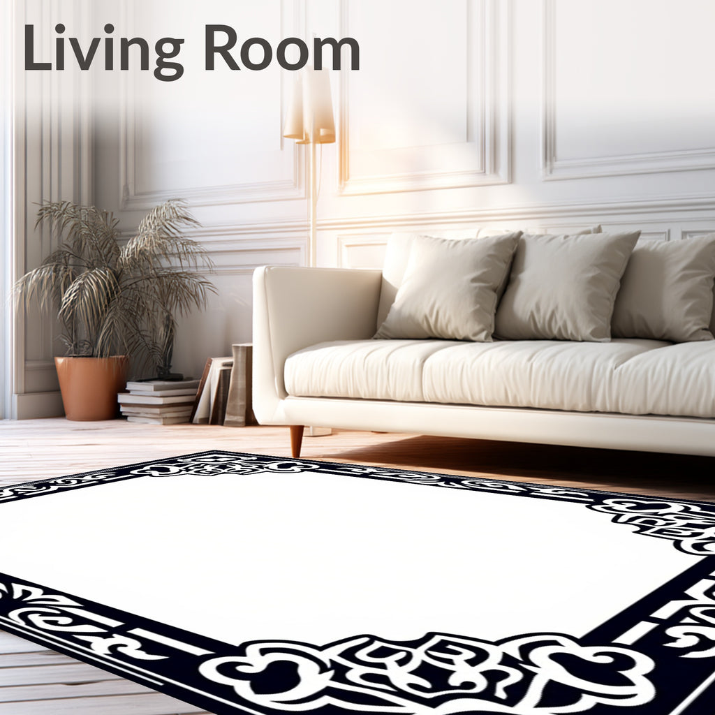 Dark Navy Floral Foliage Border Rug