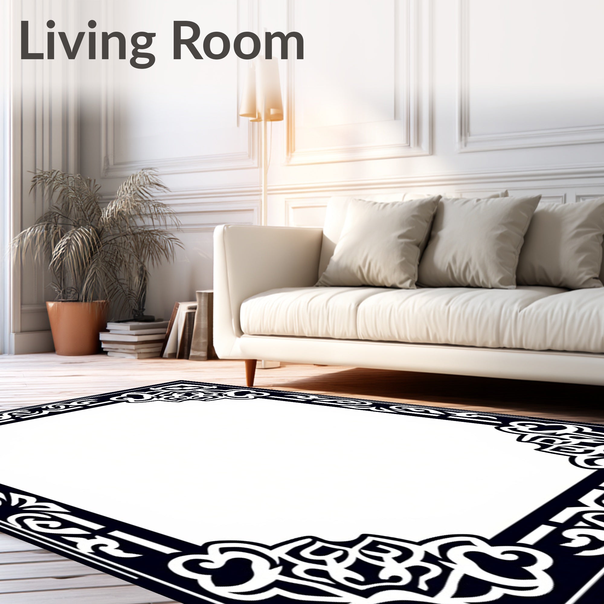 Dark Navy Floral Foliage Border Rug