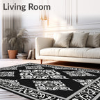 Elegant Black White Damask Medallion Rug