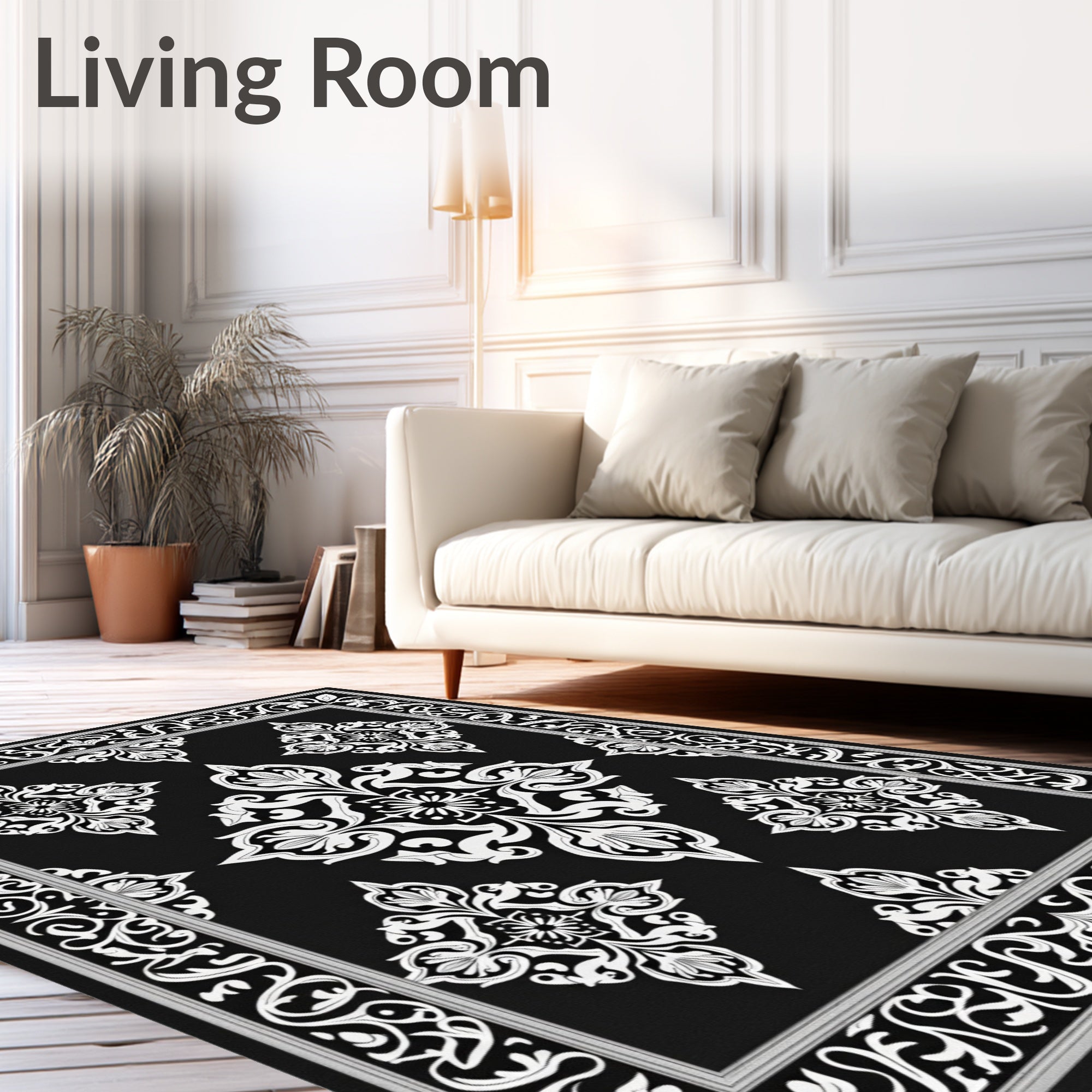 Elegant Black White Damask Medallion Rug