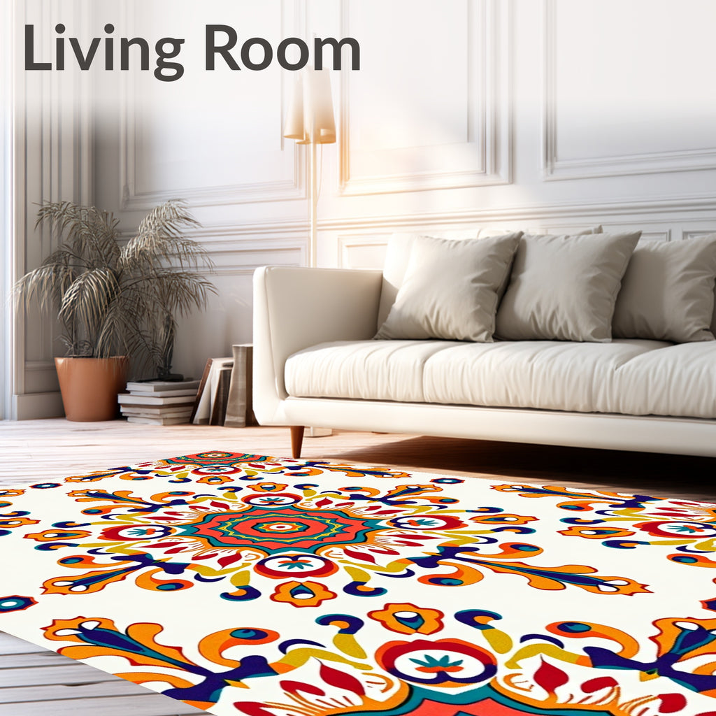 Vibrant Teal Orange Mandala Floral Rug