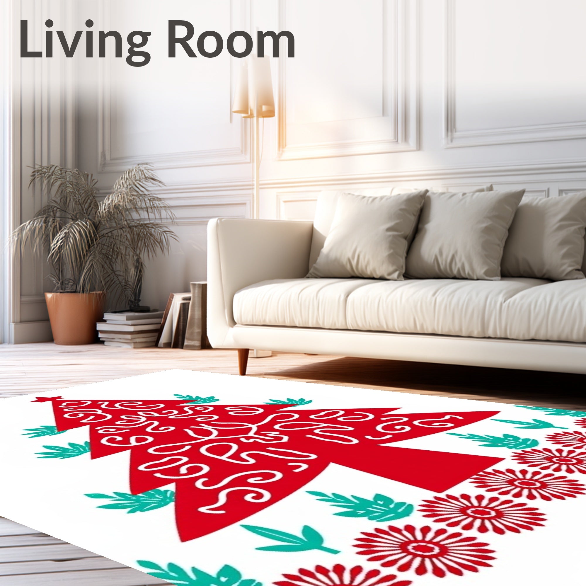 Festive Red Pine Tree Floral Border Rug