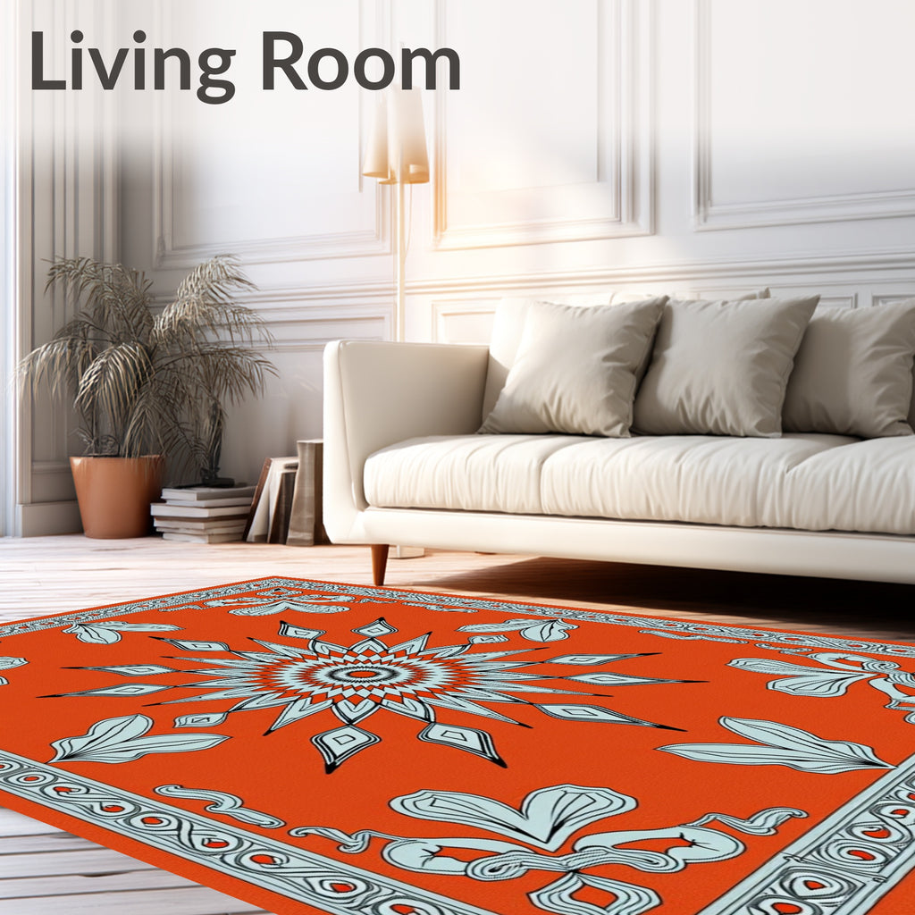Vibrant Orange Starburst Floral Border Rug