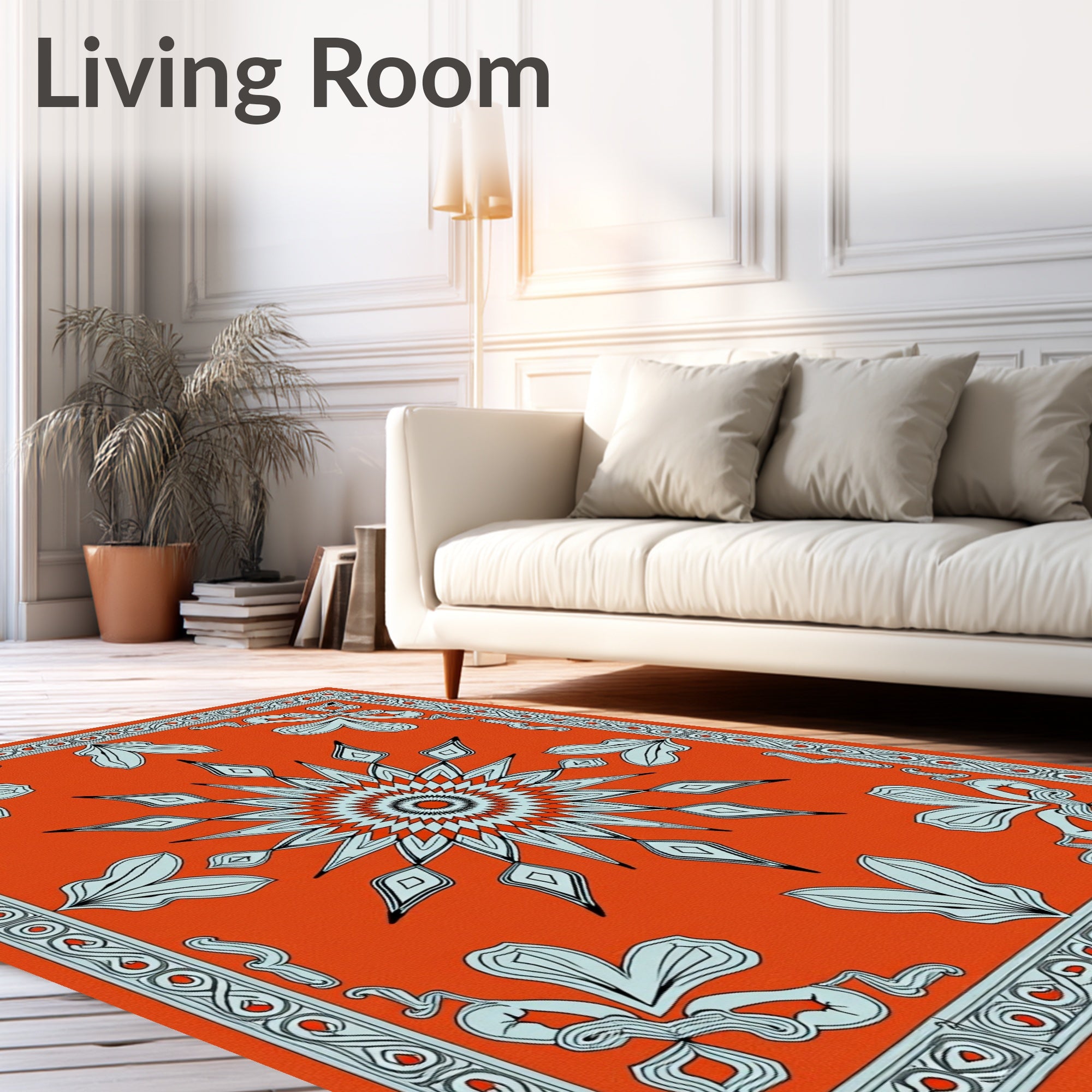 Vibrant Orange Starburst Floral Border Rug