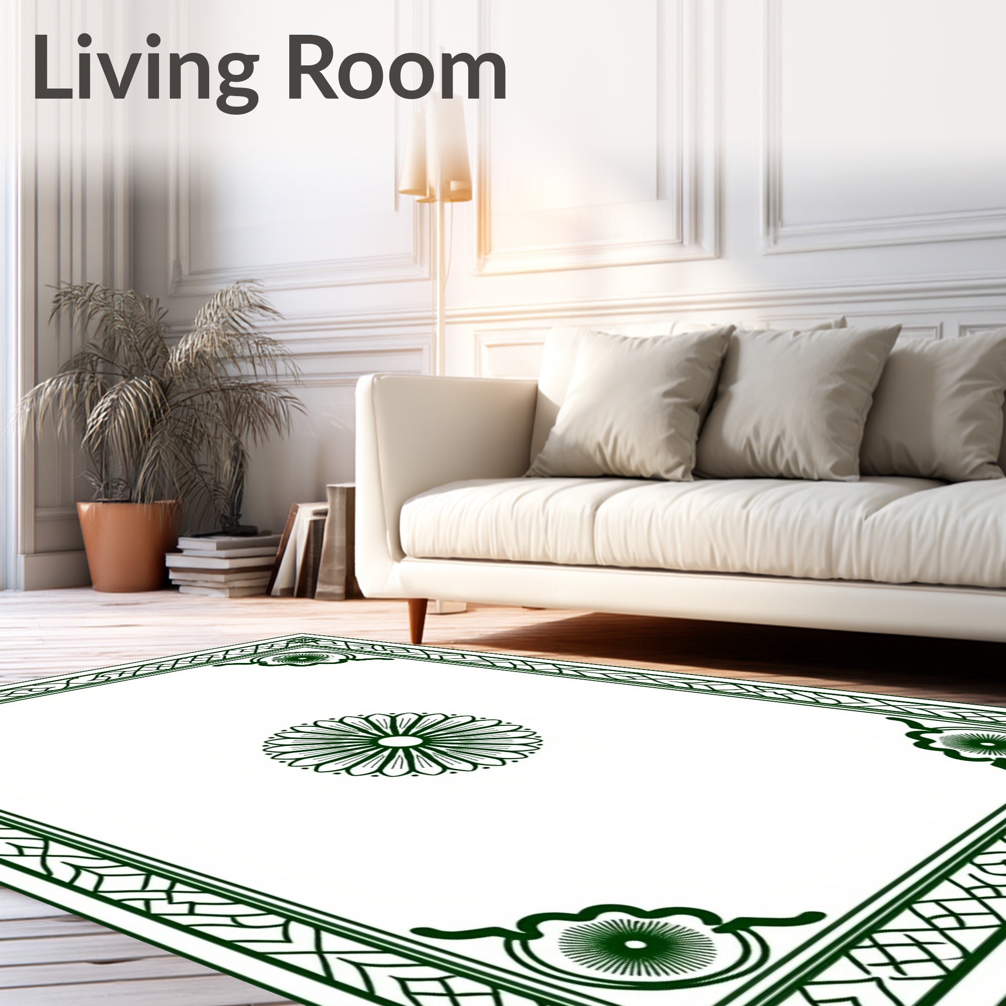 Emerald Green Floral Bordered Statement Rug