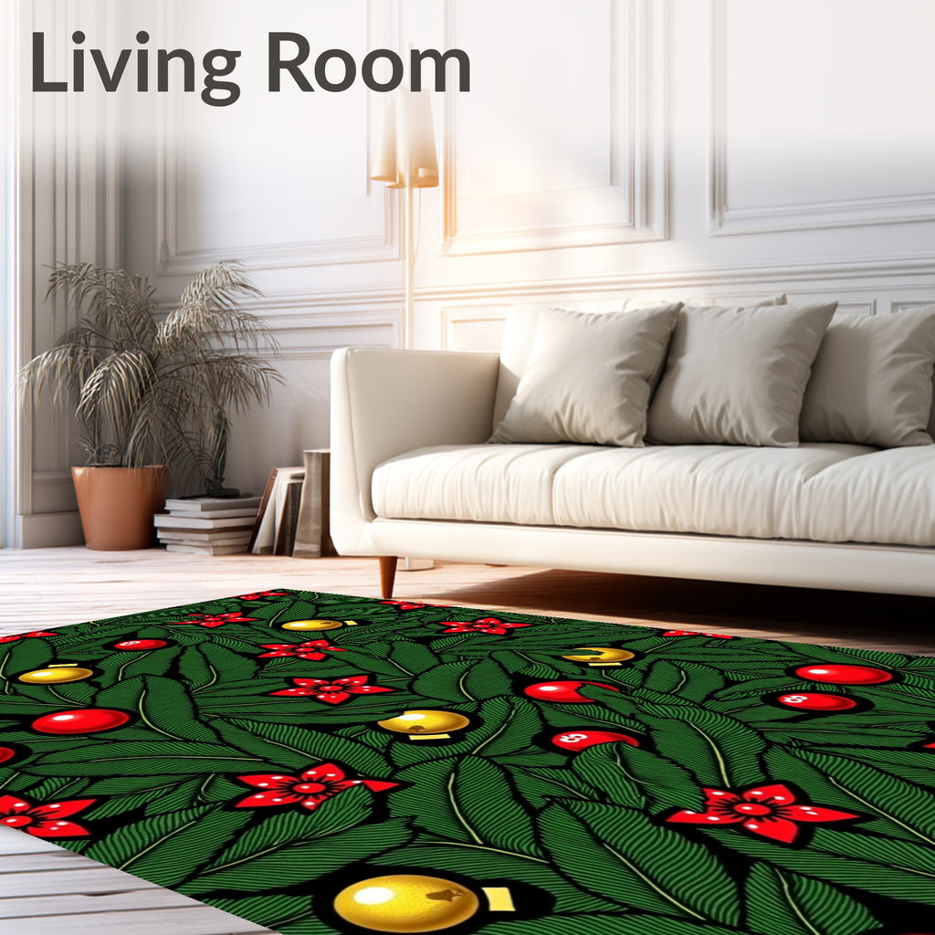 Festive Green Pine and Red Ornaments Rug