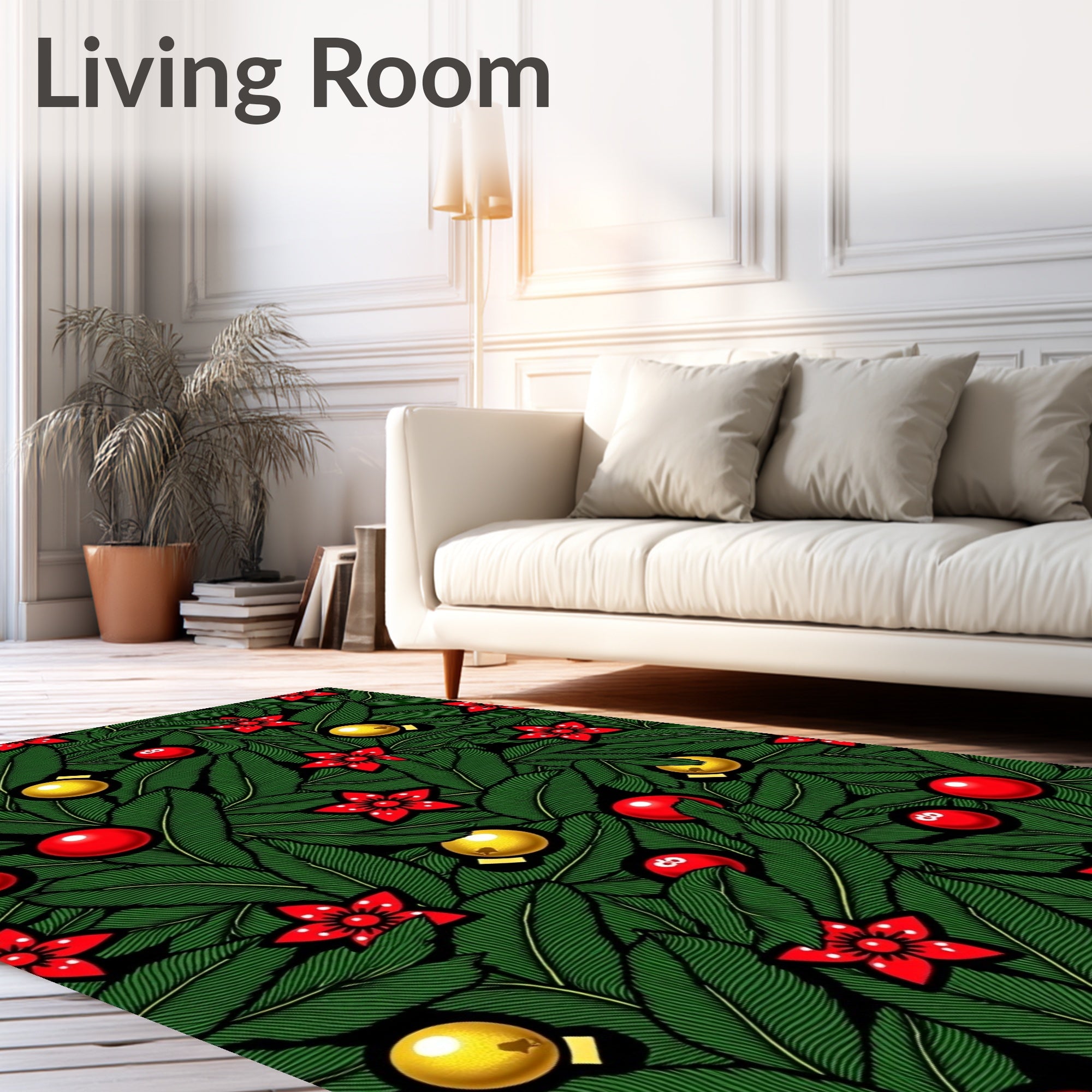 Festive Green Pine and Red Ornaments Rug
