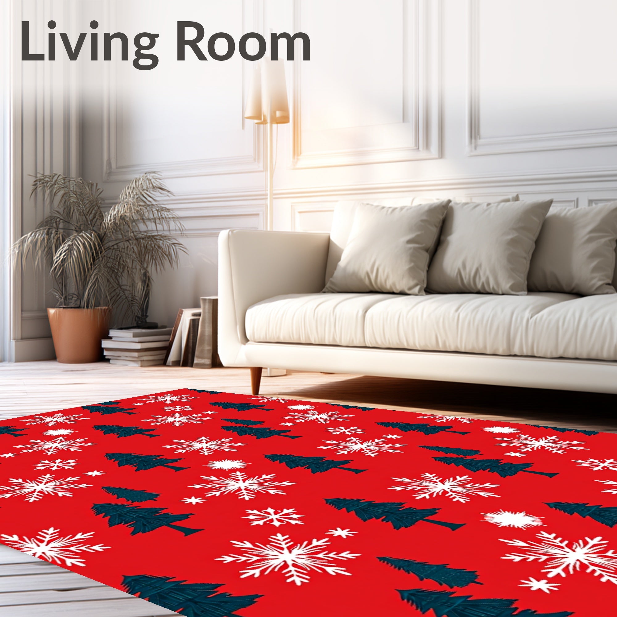 Festive Red Snowflakes Evergreen Trees Rug