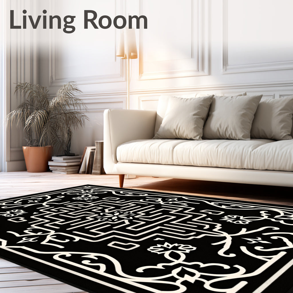 Black Ivory Geometric Medallion Floral Rug