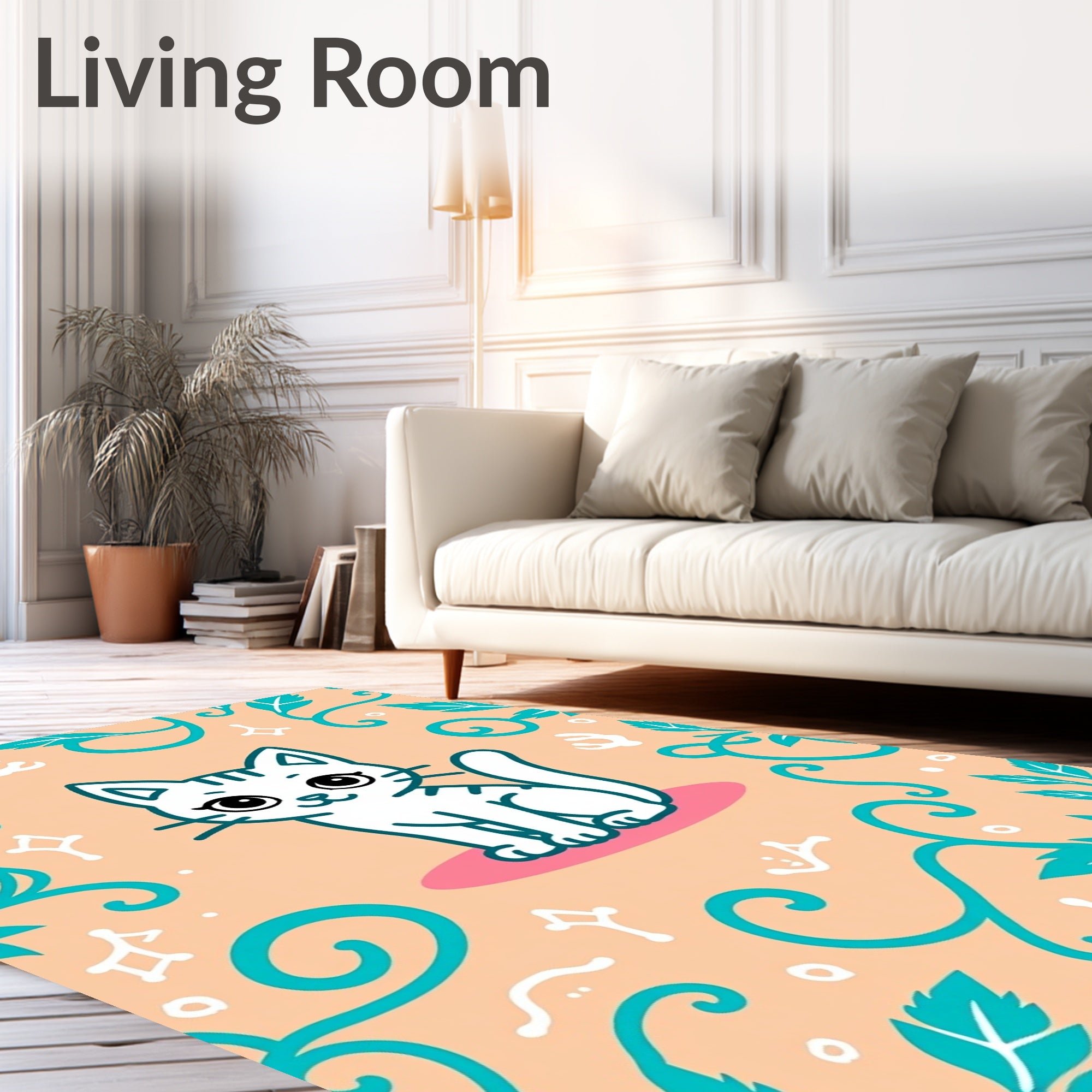 Cute White Kitten Teal Swirl Background Rug