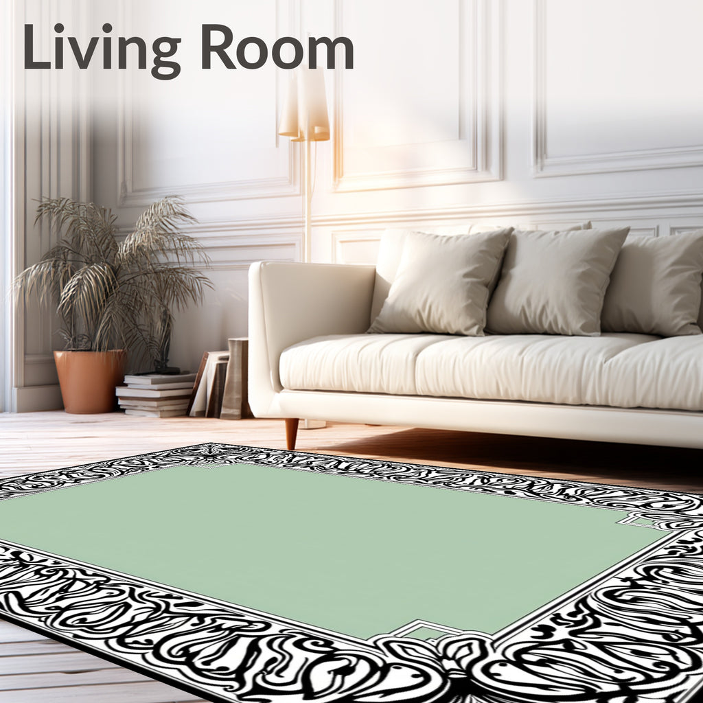 Elegant Black White Floral Scroll Rug