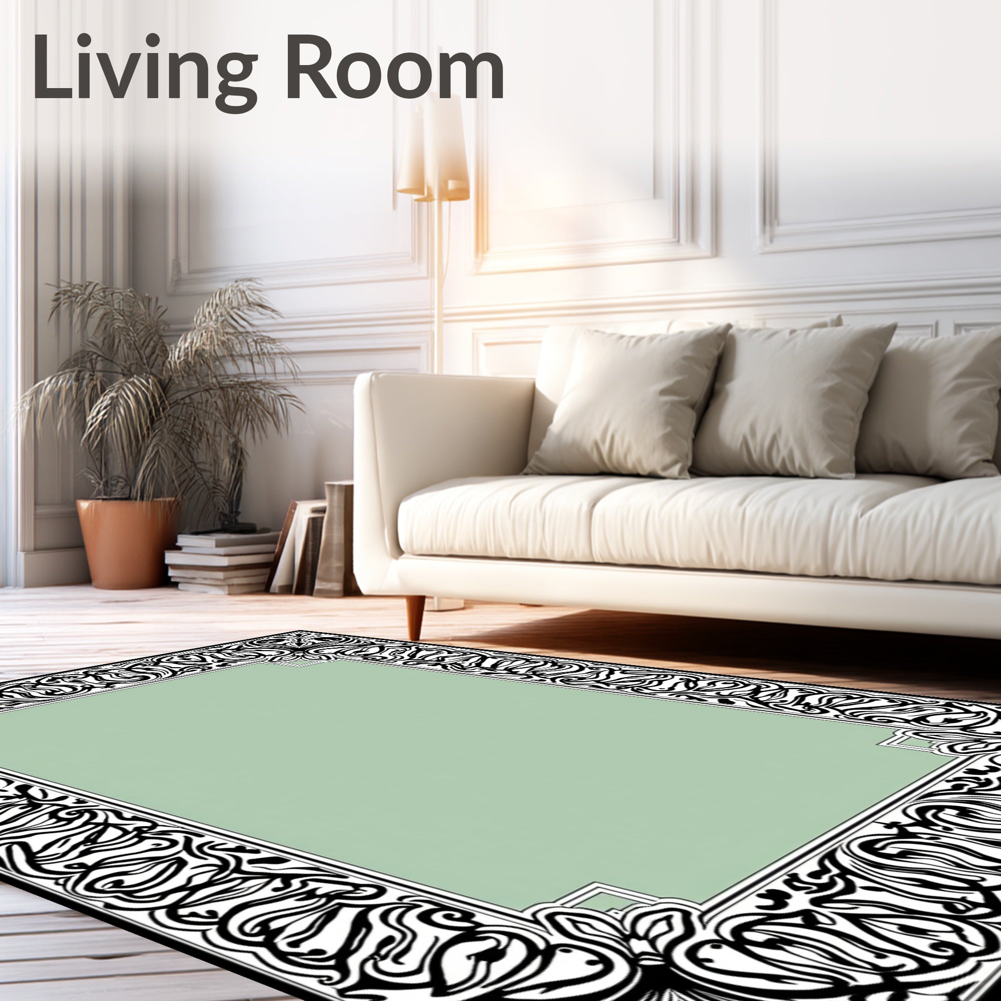Elegant Black White Floral Scroll Rug