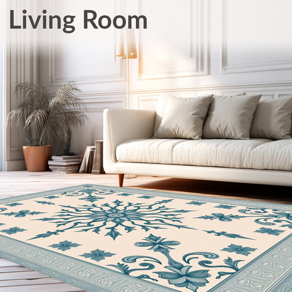 Pale Blue Floral Sunburst Medallion Border Rug