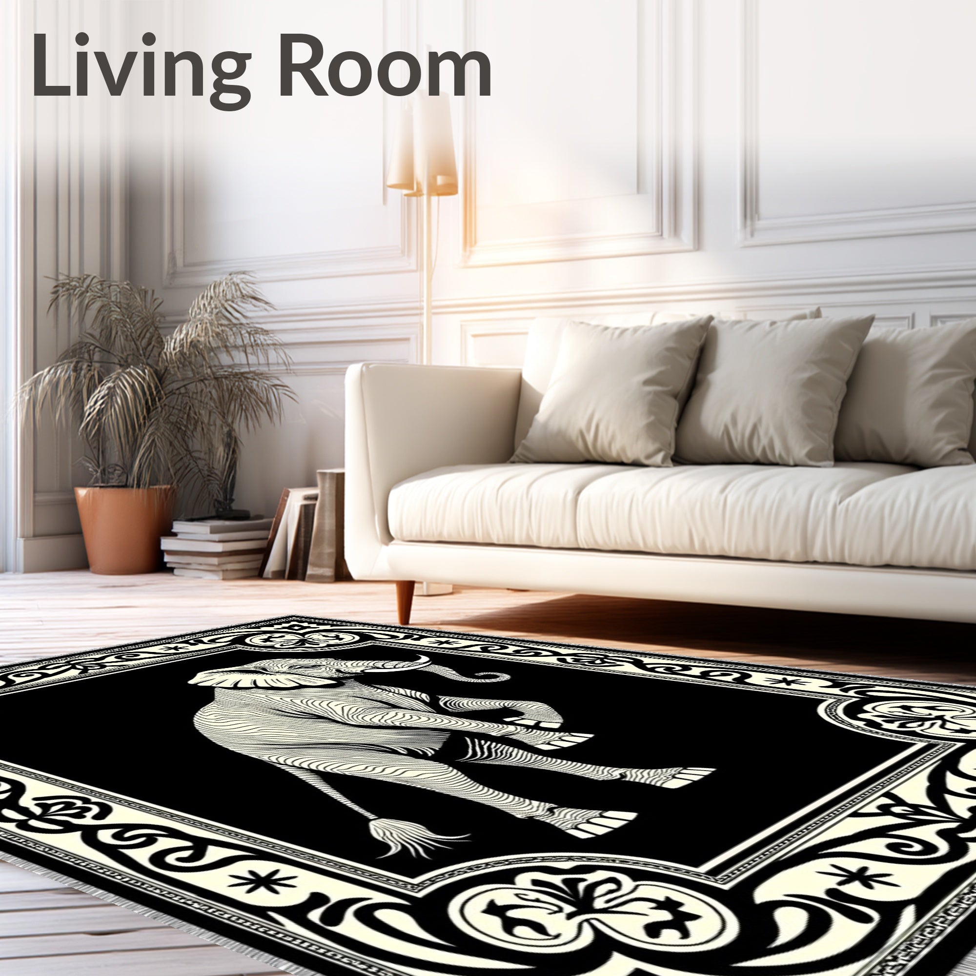 Bold Black Elephant Cream Border Rug