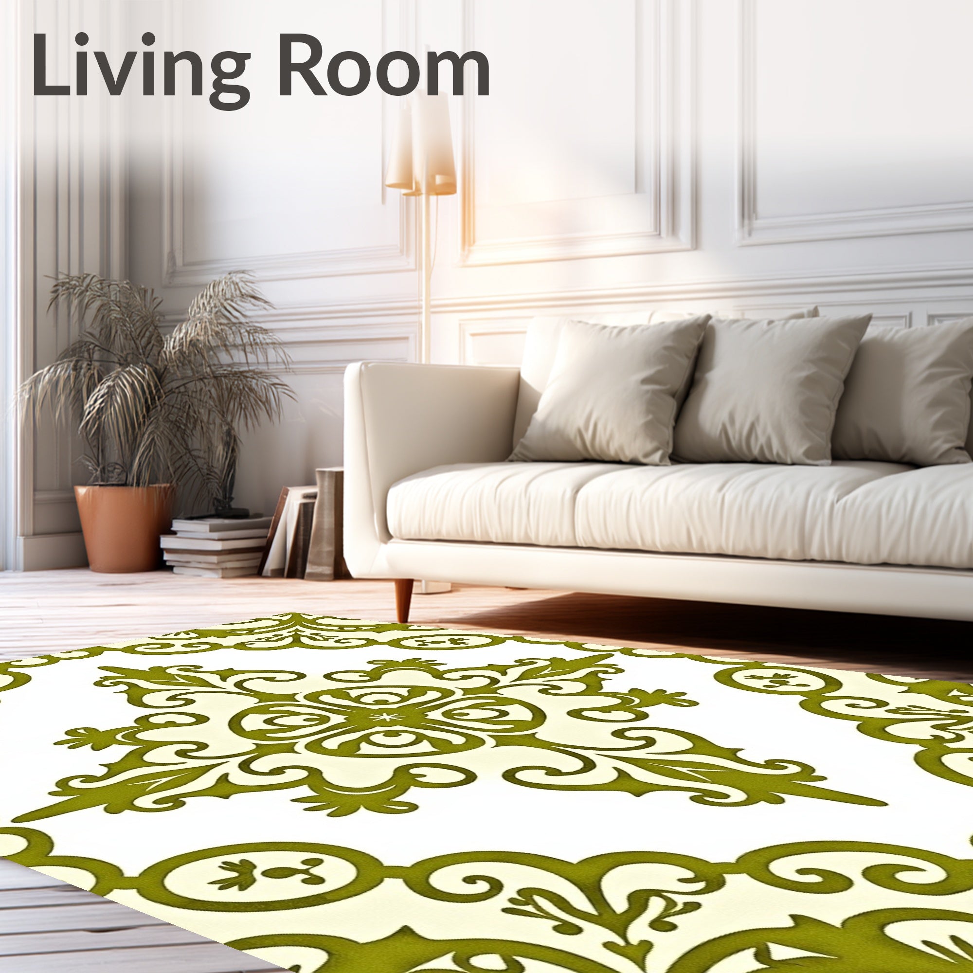 Olive Green Baroque Scroll Medallion Rug