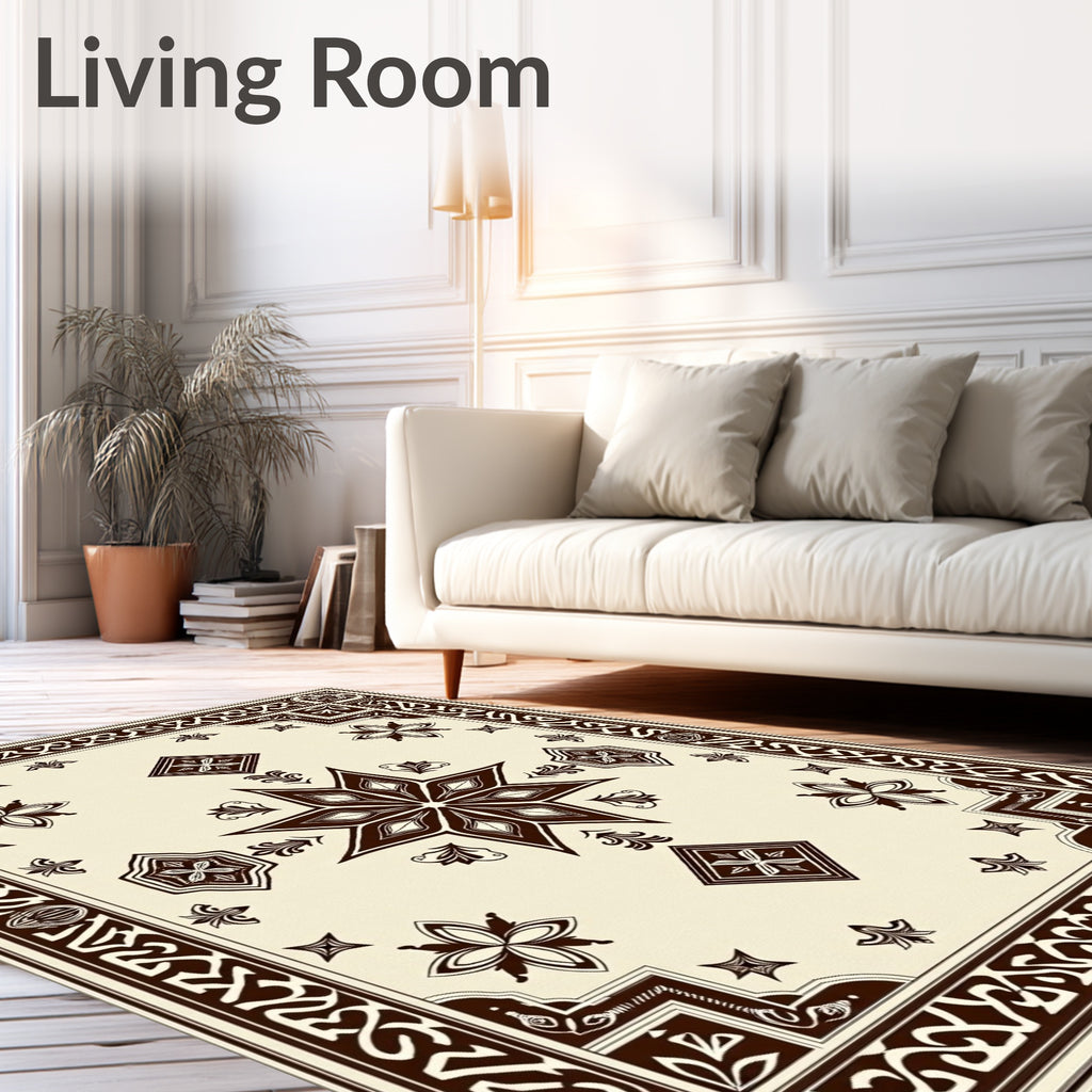 Ornate Brown Star and Floral Border Rug
