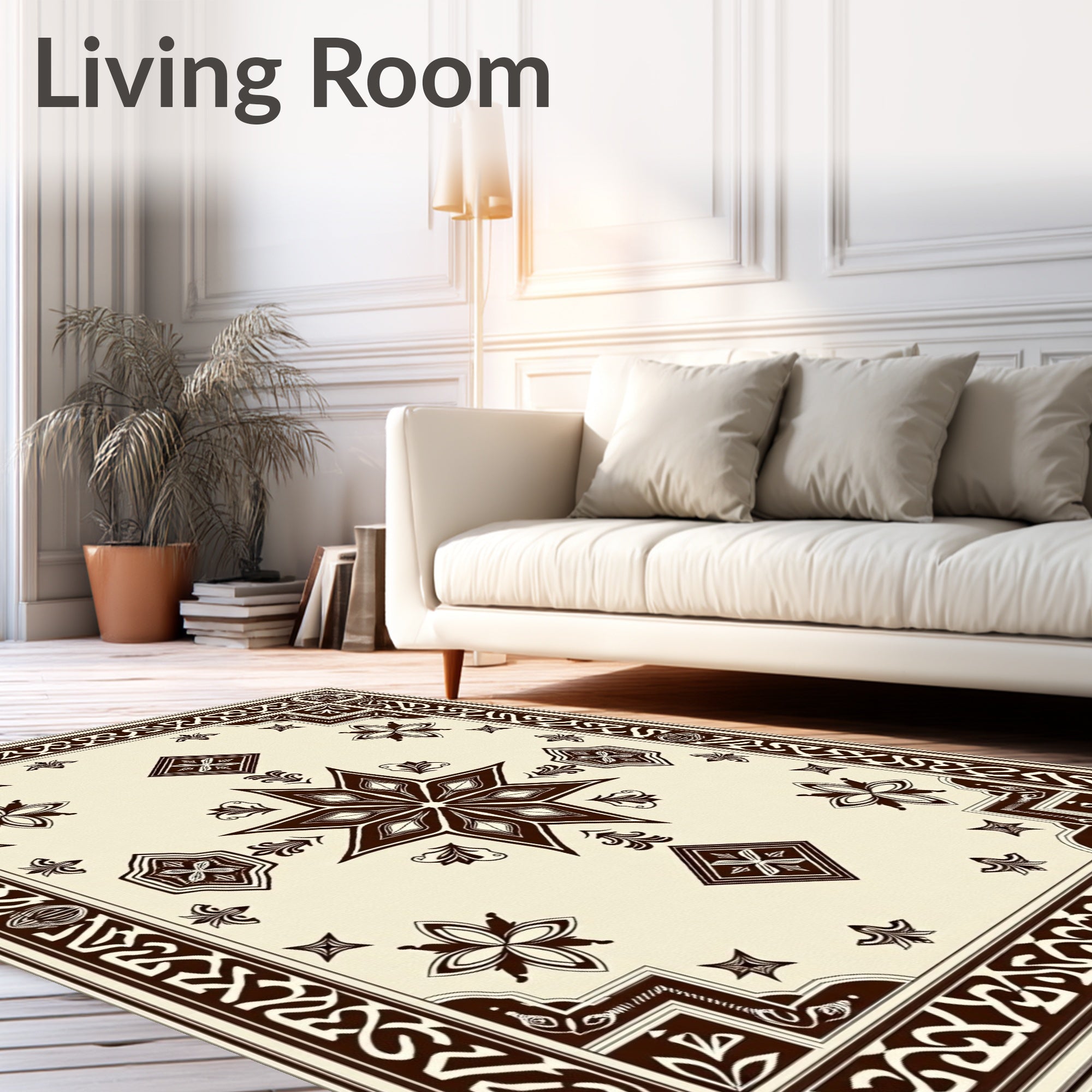Ornate Brown Star and Floral Border Rug
