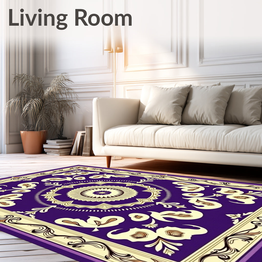 Purple Cream Floral Medallion Border Rug