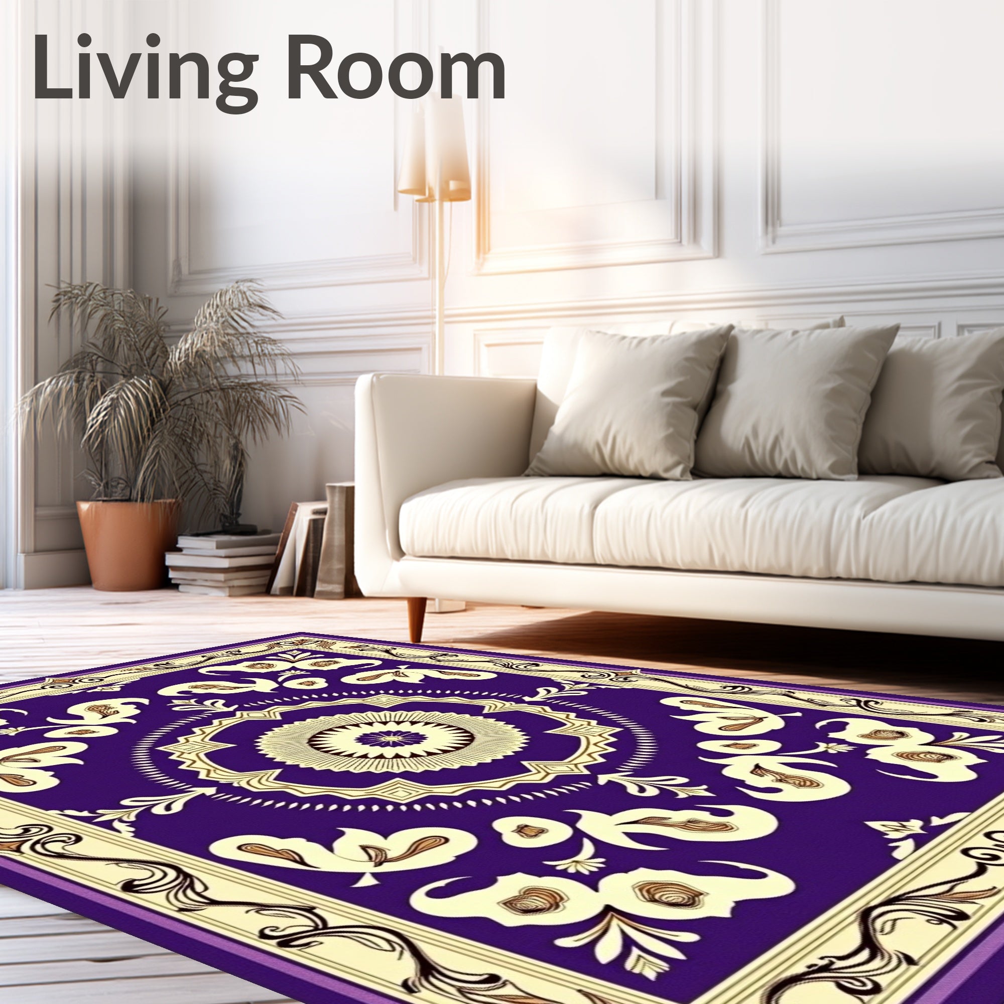 Purple Cream Floral Medallion Border Rug