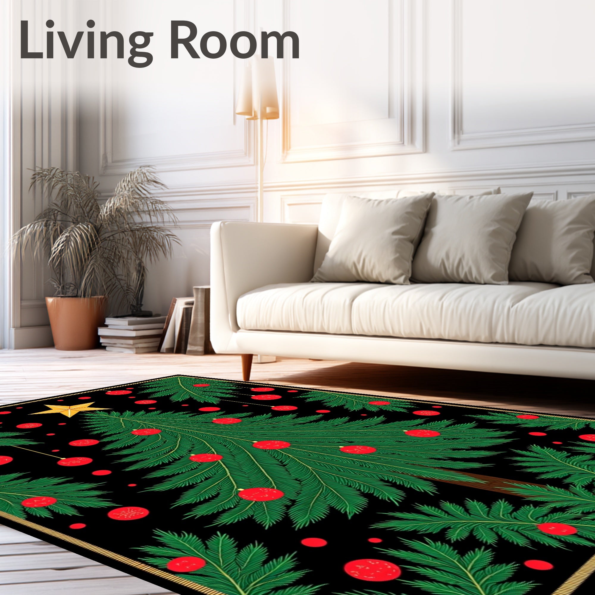 Festive Evergreen Tree Red Ornaments Rug