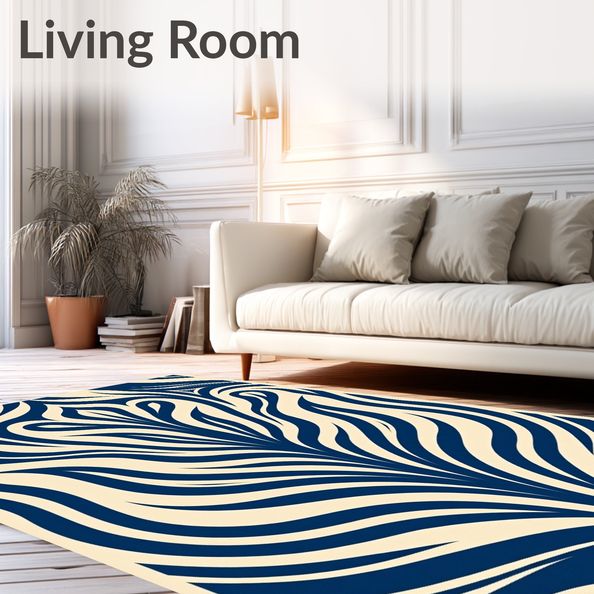 Dark Blue Floral Swirl Cream Rug