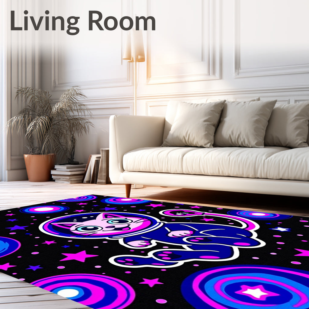 Cosmic Cat Astronaut Pink Blue Stars Rug