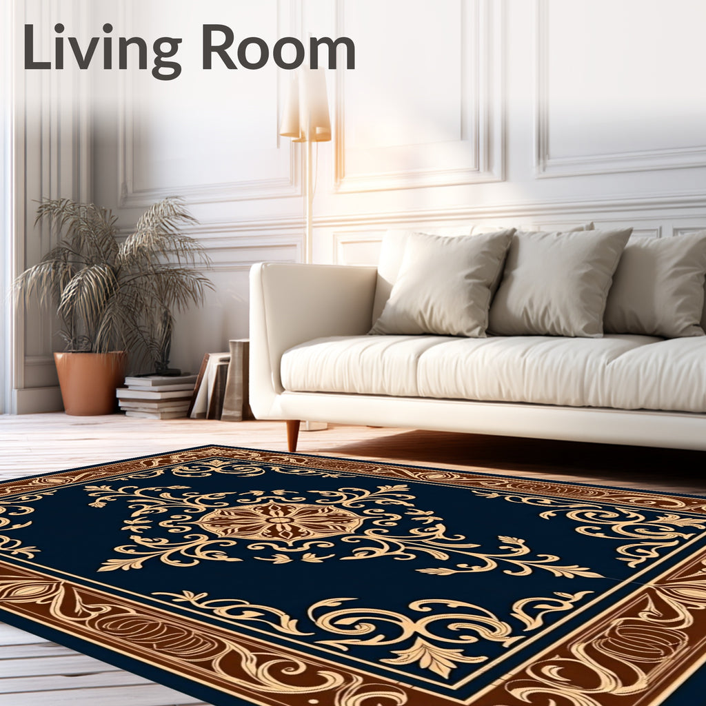 Classic Brown Floral Medallion Navy Rug