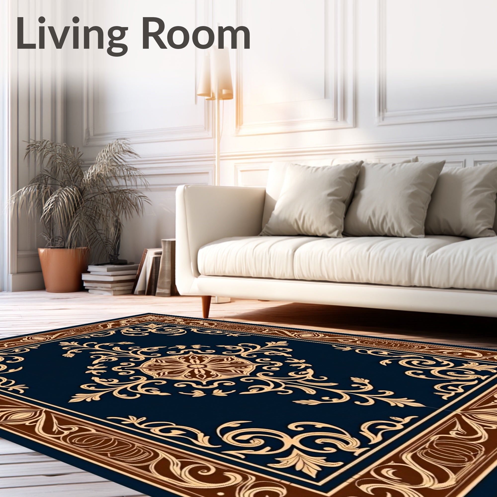 Classic Brown Floral Medallion Navy Rug
